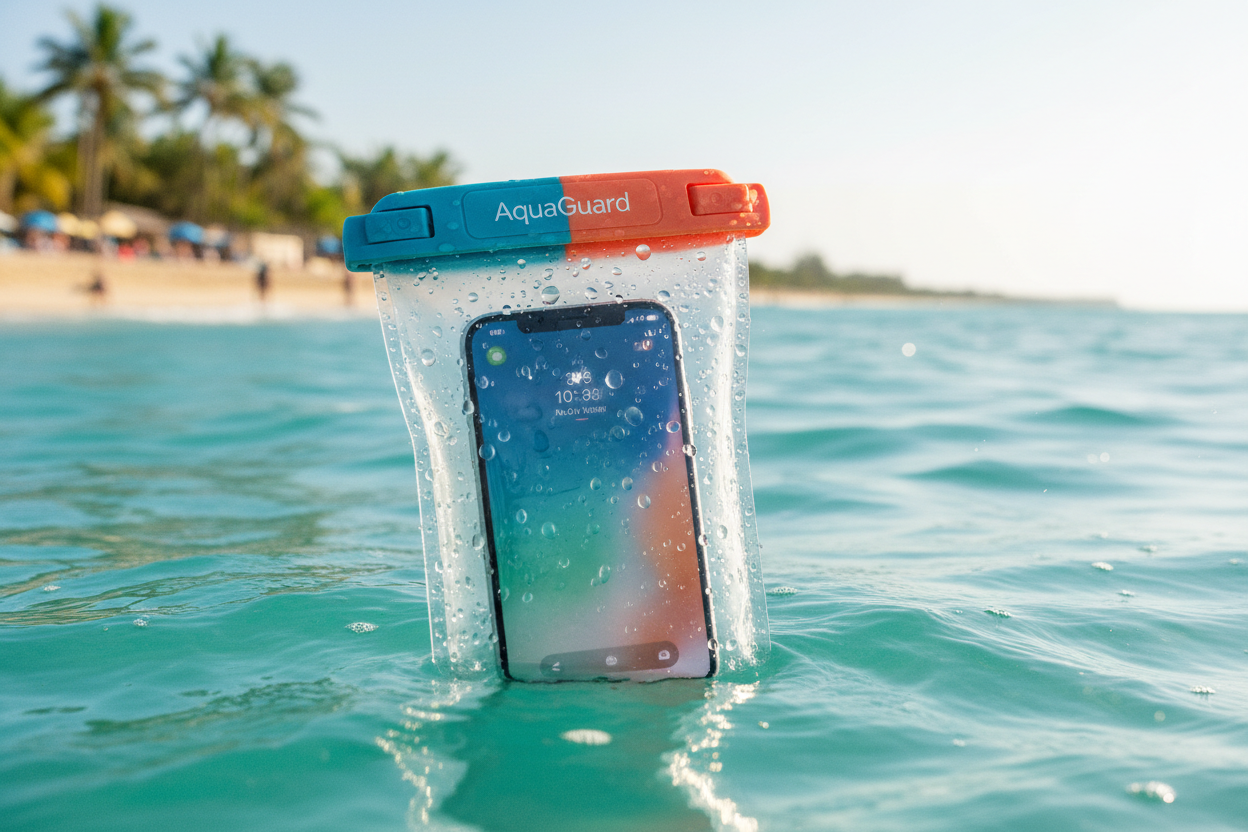 AquaGuard waterproof phone pouch floating in turquoise pool water at beach