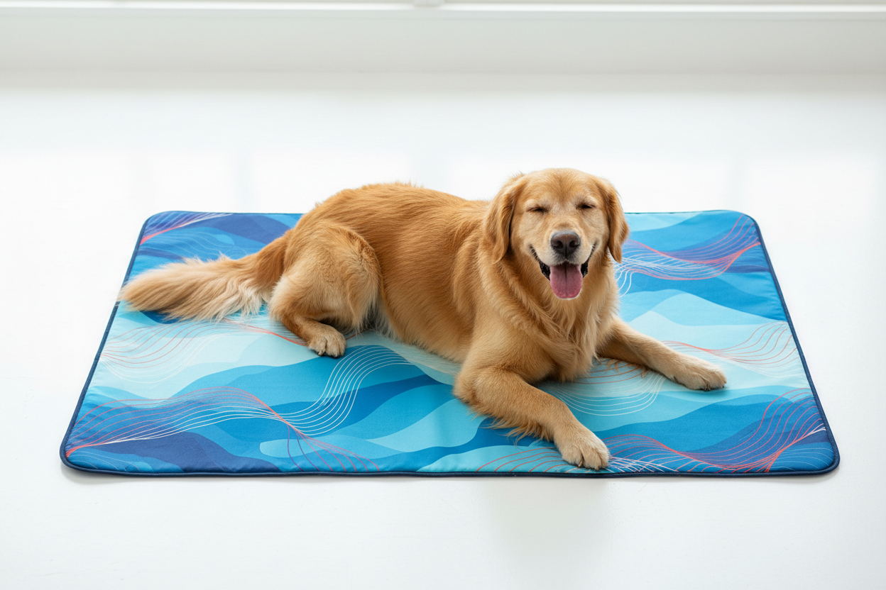 ChillPaws self-cooling pet mat with golden retriever